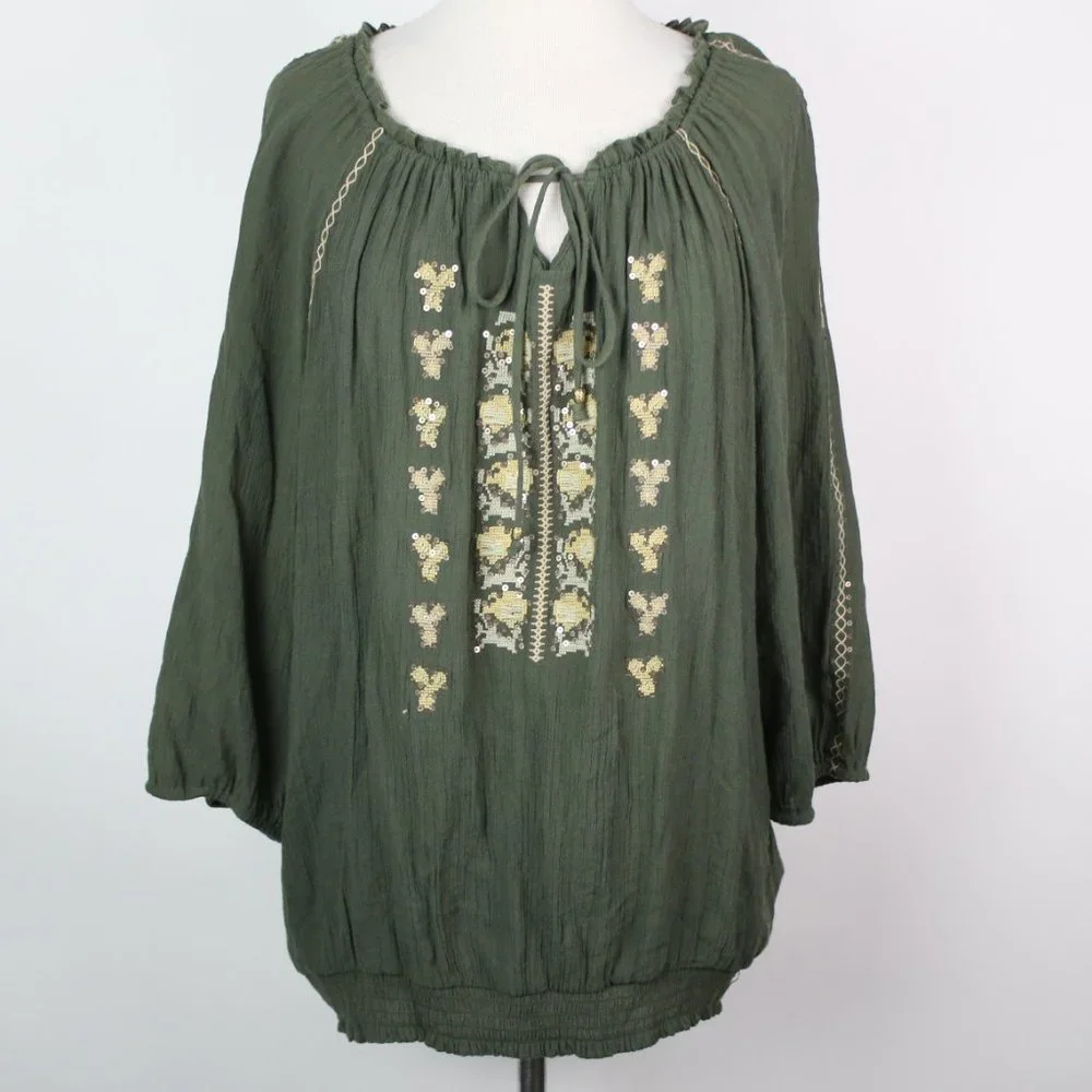 Cocomo Womens 2X Embroidered Peasant Crinkle Boho Top - Picture 1 of 5